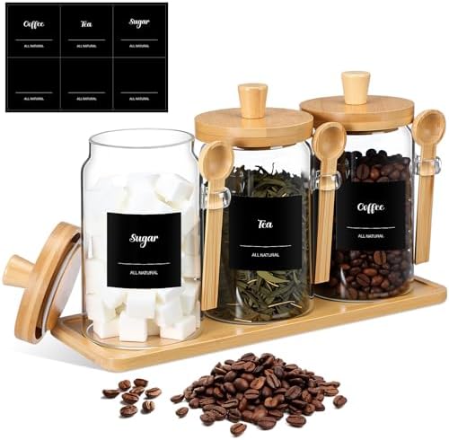 Suclain 3 Pcs Glass Coffee Container Set, 25 oz, Natural Bamboo by Suclain