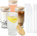 Glass Cups with Lids and Straws 16 oz Ribbed Drinking Glasses Set by ICESIP