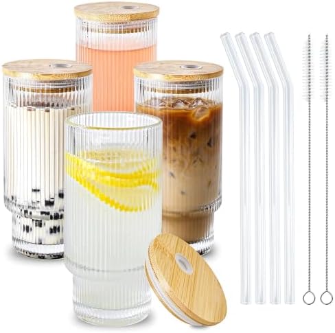Glass Cups with Lids and Straws 16 oz Ribbed Drinking Glasses Set by ICESIP