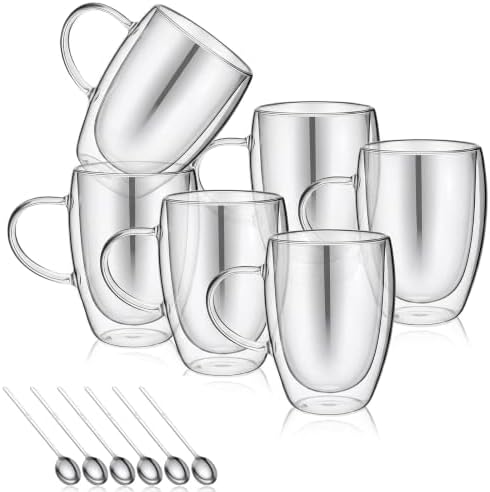 6 Pack Double Walled Glass Coffee Mugs with Handle by Unknown
