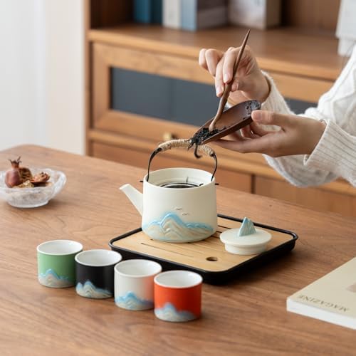 Chinese Tea Set – White Porcelain Gongfu Teapot with 4 Colors Cups & Tea Tray & Tea Strainer, Travel Tea Set with Carrying Case for Tea Ceremony, Daily Tea Ritual, Asian Style Gift - Image 4