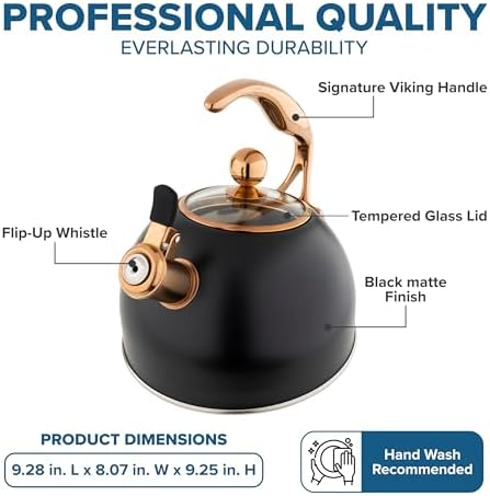 Viking 3-Ply Stainless Steel Tea Kettle, 2.6 Quart Stovetop Hot Water Pot with Tempered Glass Lid, Ergonomic Handle, Induction Ready, Matte Black and Copper - Image 6