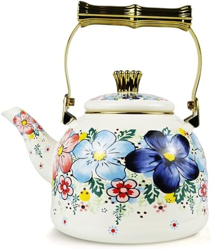 Vintage Tea Kettle Enamel Blue Floral Stovetop Teapot 2.5L Kitchen Decor by MersteadHome