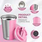 Volhoply 13 oz Stainless Steel Insulated Travel Coffee Mug with Fip Lid Bulk 8 Pack,Reusable Double Wall Vacuum Metal Coffee Cup,Portable Leak Proof Thermal Tumbler for Hot & Cold Drinks(Pink,8) - Image 3