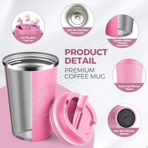 Volhoply 13 oz Stainless Steel Insulated Travel Coffee Mug with Fip Lid Bulk 8 Pack,Reusable Double Wall Vacuum Metal Coffee Cup,Portable Leak Proof Thermal Tumbler for Hot & Cold Drinks(Pink,8) - Image 3