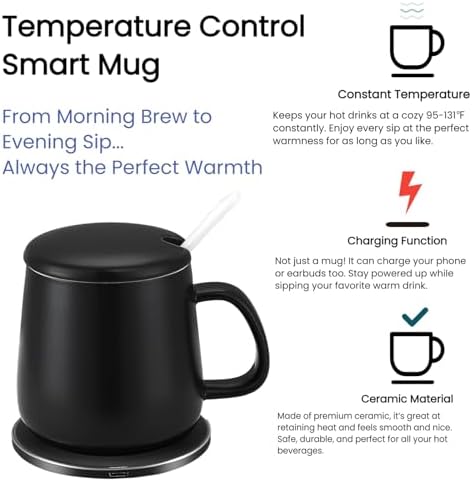 Smart Temperature Control Mug, 13 Oz Premium Ceramic Coffee Cup with 15W Wireless Charger, Charges Phones, Matte Black - Image 4