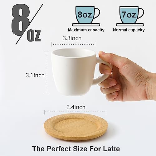 HASENSE 8 oz Cappuccino Cups with Saucers set of 6, Porcelain Coffee Mugs Latte Mugs with Handle Perfect for Double Shot, Americano, Milk and Tea, White - Image 3