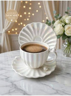 Oyster Model pearlescent inlay 2-Person Porcelain Tea & Coffee Cup Set (Large Size), Unique Seashell Design for refined Presentation - Mother of Pearl White - Image 2