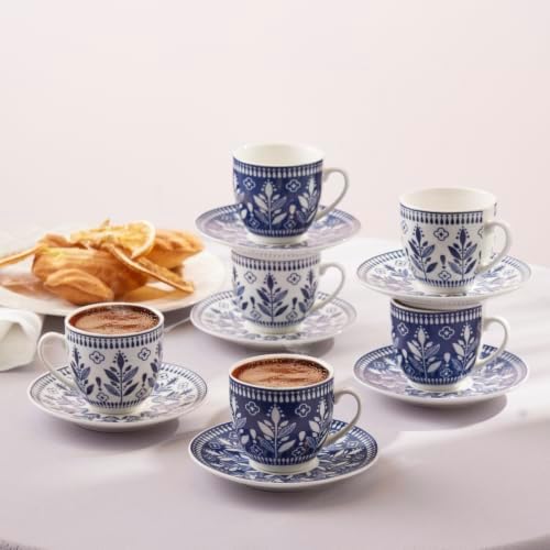 KARACA Peyker Turkish Coffee Cup Set for 6 People - 12 Piece Cups with Saucers - Small Bone China Espresso Set - Ideal for Serving Greek, Arabic Coffee (2.8 fl oz) by Karaca
