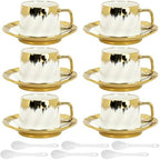 Coffee Cups with Saucers Set of 6, 6.8 oz (200 ml) Ceramic Coffee Cup Set with Gold Handles, Ribbed Brushstroke Design, 6 Cups, 6 Saucers and 6 Spoons, Elegant Coffee Set for Espresso, Cappuccino, Tea by YourLifeCollector