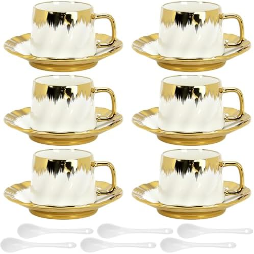 Coffee Cups with Saucers Set of 6, 6.8 oz (200 ml) Ceramic Coffee Cup Set with Gold Handles, Ribbed Brushstroke Design, 6 Cups, 6 Saucers and 6 Spoons, Elegant Coffee Set for Espresso, Cappuccino, Tea by YourLifeCollector