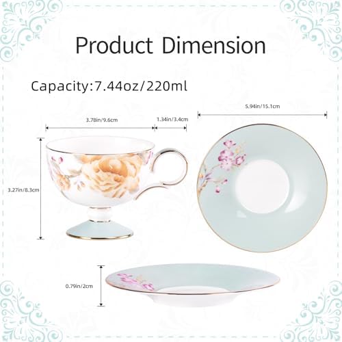 KAMMAK Tea Cups Set of 2,Ceramic Floral Pattern Demitasse Cup - Image 2