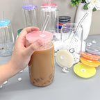 WHEATHUSK 20 Pack Glass Cups with Acrylic Lids and Glass Straws 16oz Iced Coffee Cups Clear Glass Tumbler Can Shaped Drinking Glasses, Cute Glass Smoothie Cups for Tea Beer Soda Whiskey Gift - Image 5