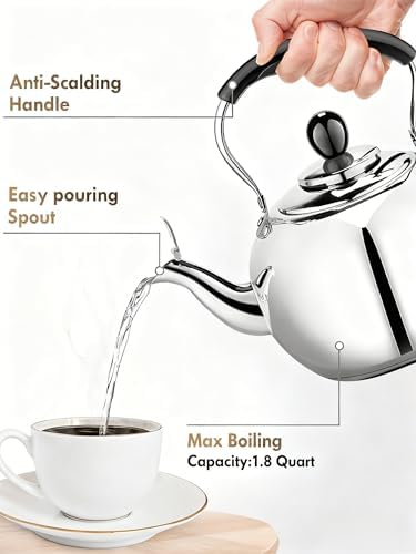 Stovetop Tea Kettle with Whistle - 2.0 Quart 18/8 Stainless Steel Tea Pot for Gas Stove & Electric Coil Stovetop, Food-Safe, Easy-Pour Spout, Mirror Polished Classic Water Kettle - Image 6