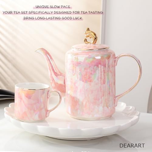 DEARART Luxury Ceramic Tea Set, 1 Teapot & 6 Cups with Serving Tray, Handle Porcelain Coffee Tea Service Set, Elegant Pink Tea Cup Set for Home Kitchen, Afternoon Tea etc - Image 2