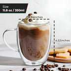12 Oz Double Wall Borosilicate Insulated Glass Coffee Mug Set of 4, 350ml Coffee Cups with Handle for Cappuccino, Tea, Latte - Perfect Cappuccino Cup Gift - Image 3