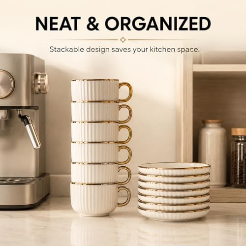 Espresso Cups with Saucers, Set of 6, Stackable Demitasse Coffee Cups with Gold Trim, Lead-Free Ceramic Cappuccino Mugs for Coffee Bar, Latte, Mocha, Tea - Modern Home Cafe (3, Fluid Ounces) - Image 4