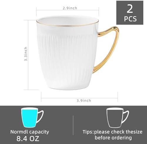 Luxury Bone China Coffee Mug Set of 2, 8oz Lightweight White Fine Bone China Tea Cups with Gold Thin Rim, Over 45% Bone Content Porcelain Ceramic Thin Mugs for Espresso Latte Mocha Freezer Safe - Image 5