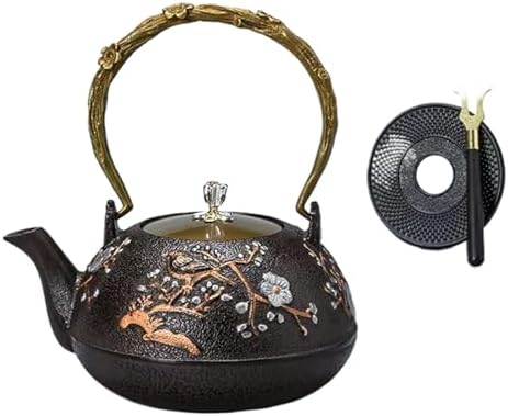 Cast Iron Teapot Japanese with Removable Stainless Steel Infuser Internal Enamelware Teapots with Birds and Plum by Unknown