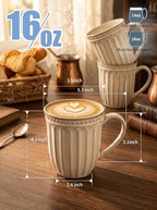 HASENSE Textured Coffee Mugs Set of 4, 16 Oz Ribbed Ceramic Cups with Large Handle for Latte Tea Cappuccino, Stackable Embossed Mugs for Everyday Use, Microwave & Dishwasher Safe, Creamy Beige - Image 2