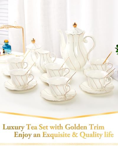 DUJUST 22 pcs White Porcelain Tea Set for 6, Luxury British Style Tea/Coffee Cup Set with Golden Trim, Beautiful Tea Set for Women, Tea Party Set, Gift Package (With a Stand) - Image 3