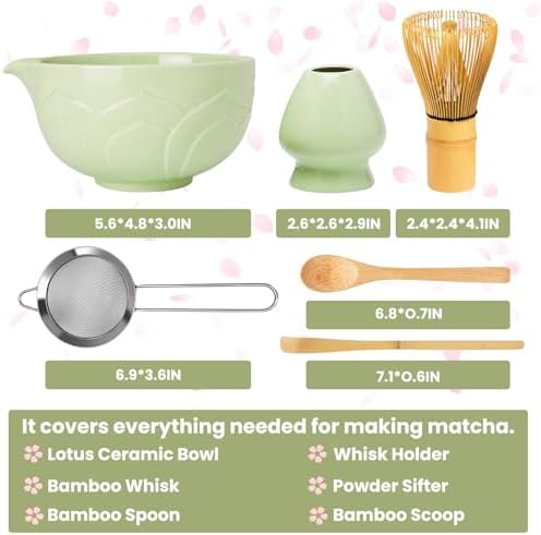Matcha Whisk Set, Lotus Green Ceramic Matcha Set Includes Matcha Bowl, Matcha Whisk (Chasen) and Holder, Sifter, Bamboo Scoop & Spoon - 6 Pcs Matcha Kit for Matcha Lovers - Image 2