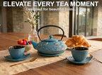 Mediterranean Blue Koi Cast Iron Tea Set, 2 Cups, 2 Saucers & Infuser - Image 2