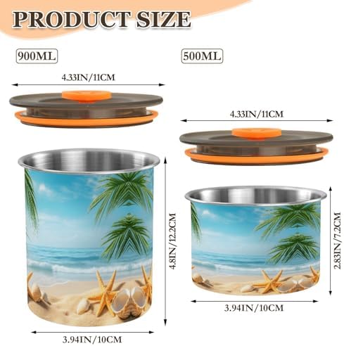Stainless Steel Coffee Storage Containers with Airtight Lid, Beach Starfish Seashell Palm Leaves 17oz Food Storage Container Kitchen Canister for Tea, Coffee Beans, Ground, Sugar Storage - Image 2