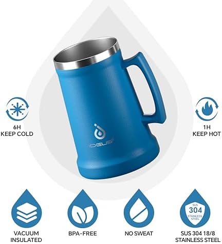 Ideus Insulated Beer Stein, 24/34oz Stainless Steel Double Walled Beer Mug Giant Bar Drinkware Metal Beer Cup with Big Grip Handle (Cerulean, 34oz (1,000ml)) - Image 2