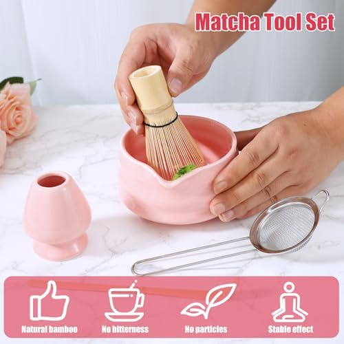 5Pcs Matcha Whisk Set Ceramic Matcha Bowl Kit with Spout Matcha Bamboo Whisk and Sifter Spoon Elegant Matcha Tea Set for Matcha Tea Lovers (Pink) - Image 2