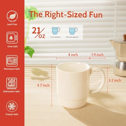 Sweese 21 Oz Large Mug Set, Porcelain Stackable Mugs Sets of 6, Coffee Cups with Handle for Coffee, Tea and Mulled Drinks, White - Image 2