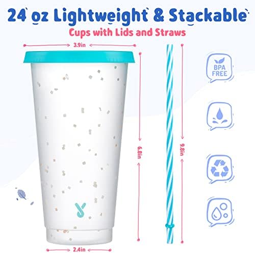 Meoky Confetti Color Changing Cups with Lids and Straws for Iced Coffee, Party, Pool - 12 Pack 24oz Reusable Plastic Tumblers for Kids and Adults - Image 3