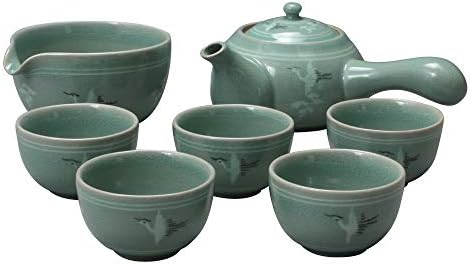Korean Style Celadon Porcelain Crane Bird Cloud Design Tea Ceremony Complete Service Gift Set Ceramic Pottery 11.8 oz (350ml) Side Handle Tea Pot Cups Teapot Pitcher Bowl for Cooling Hot Water by AntiqueAlive