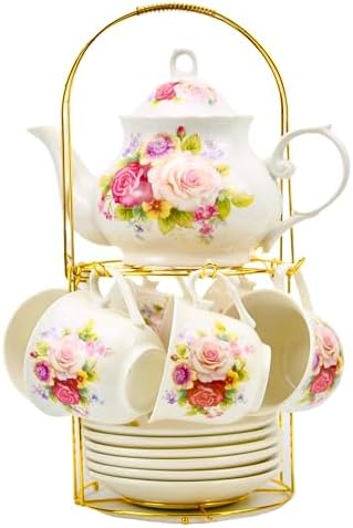 20-Pieces Porcelain Bone china Tea Sets,Gold Rim Coffee Set with Golden Metal Rack,Tea Gift Sets for Home&Party (008) - Image 2