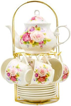 20-Pieces Porcelain Bone china Tea Sets,Gold Rim Coffee Set with Golden Metal Rack,Tea Gift Sets for Home&Party (008) - Image 2