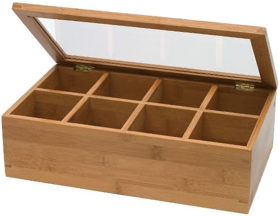 Bamboo Tea Box with Acrylic Lid - 8-Compartment Tea Bag Organizer for Kitchen & Pantry, 12.38"W x 7.25"D x 3.62"H, 1-Pack - Image 2