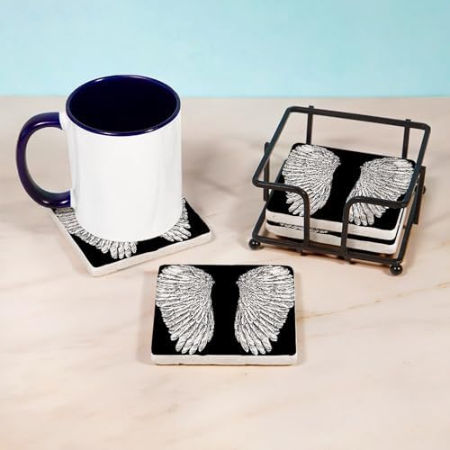 CafePress Angel Wings Black Tumbled Stone - Set of 4 Coasters Set of 4 w/holder - Image 3