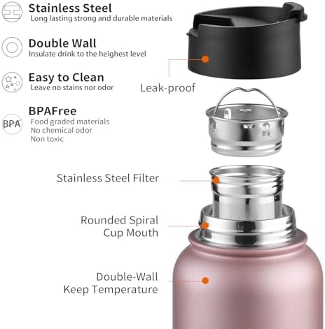 Sivaphe Infuser Water Bottle with Removable Strainer for loose leaf Tea 18/8 Stainless Steel 32 oz Insulated Tea Tumbler Gift for Women Rosegold - Image 6