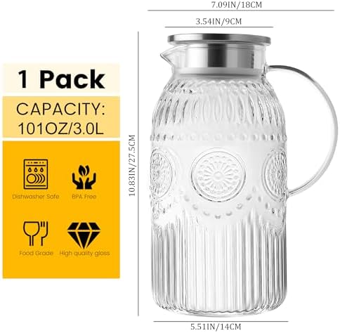 Bandesun Vintage Glass Pitcher with Lid, 101oz/ 3 Liter Water Pitcher with Handle for Fridge Heat Resistant Borosilicate Water Jug, Carafe for Hot/Cold Coffee, Tea,Beverage 1Pack - Image 4