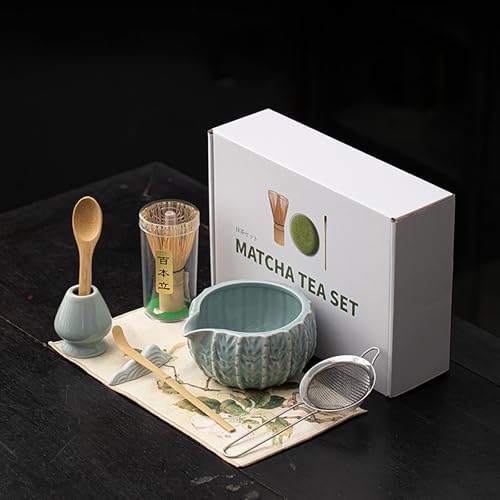 Matcha Whisk Set, 8-Piece 3D Cactus Design Ceramic Set with Glazed Bowl, Bamboo Whisk & Sifter, Easy Clean (Sky blue) by Unknown