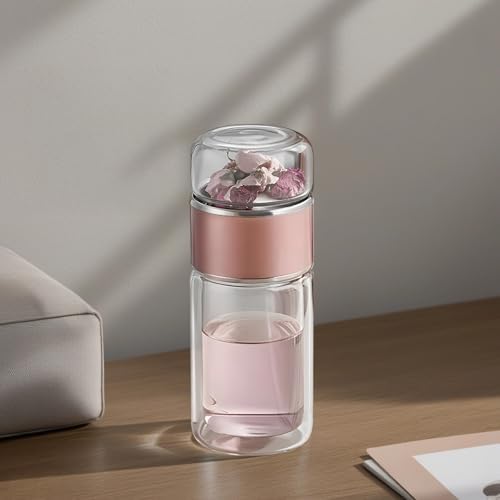 Loose Leaf Tea Tumbler, 16.9 Oz, Double Wall Glass, Rose Gold, with Strainer, Hot & Cold Beverages - Image 2