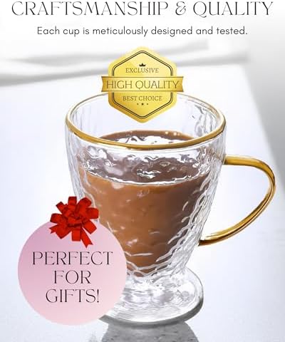 Sister.ly Drinkware Hammered Double Wall Glass Coffee Cups – Set of 2, 12oz – Insulated Glass Mugs with Gold Rim & Handle – Elegant Clear Coffee Cups for Latte, Espresso, Tea, Irish Coffee - Image 3