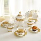 Luxury White & Gold Embossed Tea Cups and Saucers with Teapot, Sugar Bowl, & &Creamer, Vintage European Porcelain Coffee Set for Tea Party, Wedding, Gift (Gold Lace, 17pcs/set) - Image 5