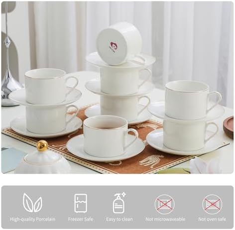 6.6oz White Porcelain Tea Cup and Saucer Set with gold, Set of 8 - Image 3