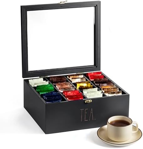 Rae Dunn Tea Bag Organizer - Tea Box Divided Storage Container Box with Hinge Lid for Kitchen Cabinet, Countertop, Pantry, Hold Coffee Pods, Seasoning Packets, Condiments, Black by RaeDunn