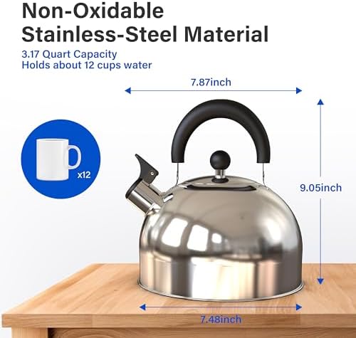 Whistling Stovetop Tea Kettle, 3.2 Quart Stainless Steel Teapot with Cool Touch Ergonomic Handle, Hot Water Fast to Boil, Silver - Image 5