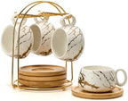 LUKA 7.77 oz Ceramic Cappuccino Cups with Bamboo Saucers and Metal Stand, Set of 4 Large Elegant Porcelain Coffee Cup for Latte, Cafe Mocha, Tea, Espresso, Dishwasher Safe, Marbling White by LUKA
