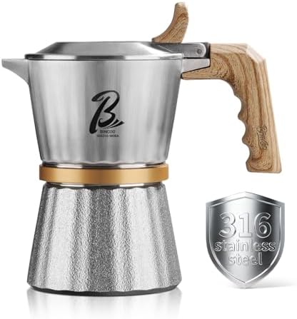 Bincoo 2-Cup Triple Valve Moka Pot,316 Stainless Steel Stovetop Espresso Maker,2–3.0 Pa High Pressure,Rich Crema Moka Pot,Compatible with Electric & Gas Stoves by Bincoo