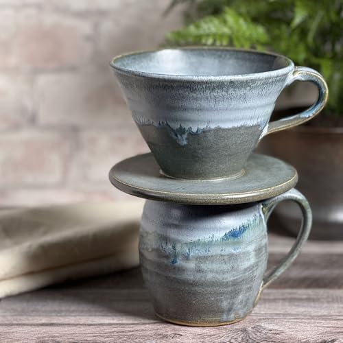 American Handmade Coffee Pour Over Set by Dock 6 Pottery, Barrel Mug with Dripper, Lead-Free Glaze, Lakeshore Gray - Image 3