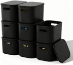 ORGIDOL 8 Pack Black Storage Bins with Lids Stackable Storage Container for Organizing, Black Storage Boxes with Handle for Shelves, Cute Organizer Bins for Craft, Snacks, 9.85x6.9x5.7 inch by ORGIDOL
